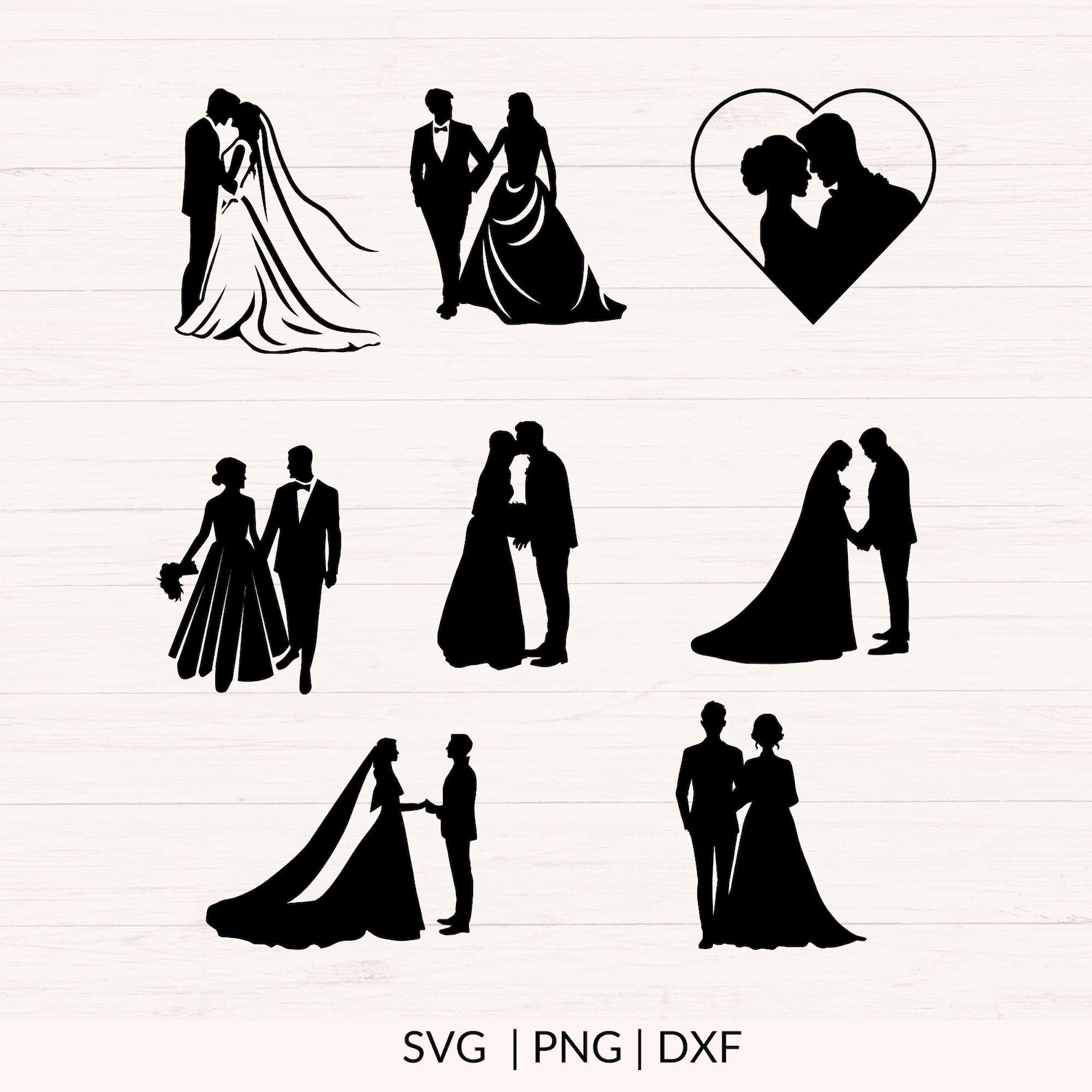 Bride and Groom SVG Bundle | 15 Hand Drawn Wedding Couple Silhouettes ...