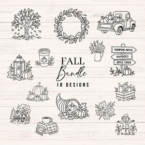 Puede incluir: Una colección de 18 ilustraciones de arte lineal en blanco y negro con temas otoñales que incluyen un árbol, corona, camión con calabazas, linterna, taza de café, poste indicador con texto, casa, cornucopia, hojas y un espantapájaros.