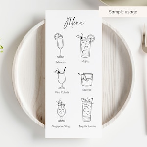 May include: A white menu card featuring black line drawings of six cocktails: Mimosa, Mojito, Pina Colada, Sazerac, Singapore Sling, and Tequila Sunrise. The word "Menu" is written in cursive at the top. The phrase "Sample usage" is also visible.