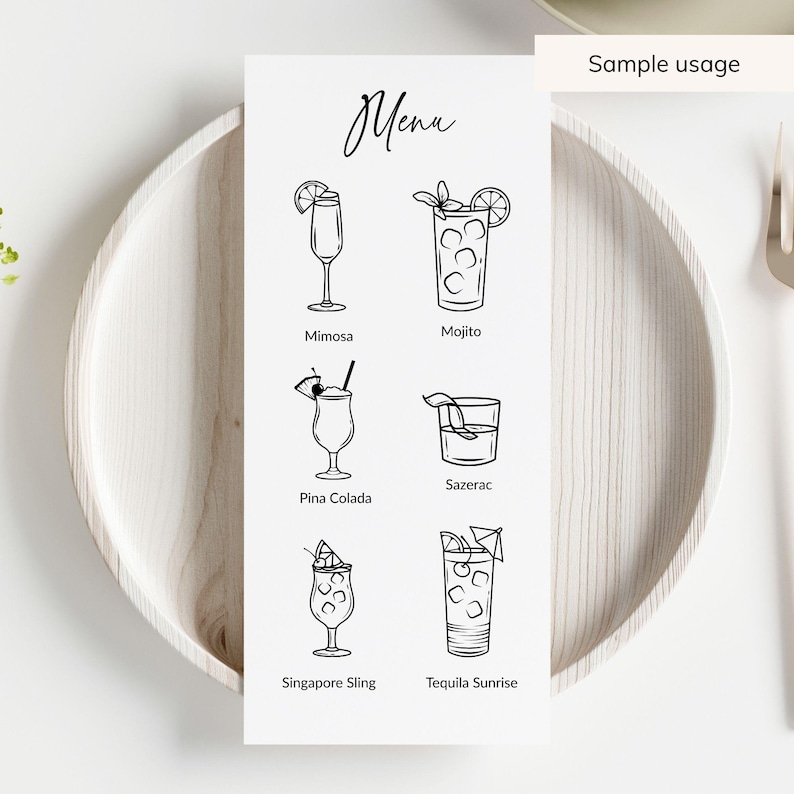 May include: A white menu card featuring black line drawings of six cocktails: Mimosa, Mojito, Pina Colada, Sazerac, Singapore Sling, and Tequila Sunrise. The word "Menu" is written in cursive at the top. The phrase "Sample usage" is also visible.