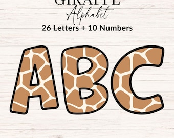 May include: Giraffe alphabet design featuring the letters A, B, and C in a brown and cream giraffe print pattern. The image includes the text "GIRAFFE Alphabet" and "26 Letters + 10 Numbers". The bottom of the image includes the text "SVG | PNG | DXF".