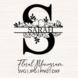 Monograma floral dividido (SVG, JPG, PNG, DXF), clipart de monograma floral, gráfico de letras florales, paquete de alfabeto