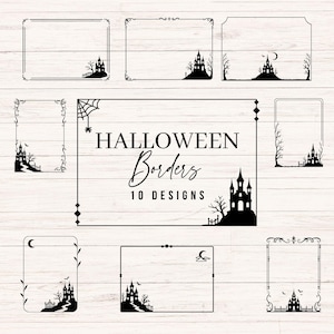 May include: A collection of ten black line art rectangular frames featuring Halloween themes. Each border includes silhouettes of haunted castles, bare trees, crescent moons, and spider webs. The central frame displays the text HALLOWEEN Borders 10 DESIGNS.