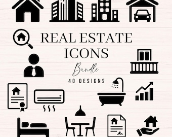 May include: A collection of black real estate icons featuring houses, buildings, a garage, a magnifying glass with a house, a person, a balcony, a document, an air conditioner, a bathtub, a bar chart, a bed, a table with chairs, and a hand holding a house. The text reads REAL ESTATE ICONS Bundle 40 DESIGNS.