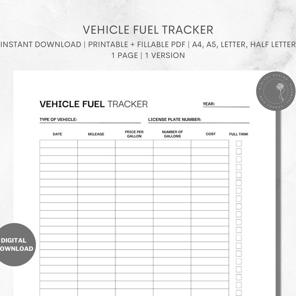 Vehicle Fuel Tracker Printable Template for Gas Tracker Gas Log Fuel Expense Tracker Vehicle Maintenance Vehicle Log Gas Price Tracker
