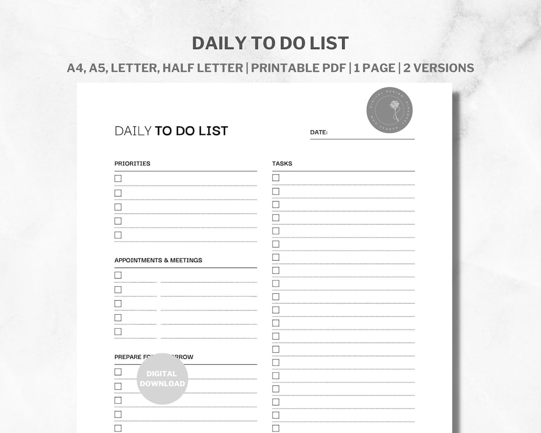 Daily to Do List Printable Template Daily Task List Daily - Etsy