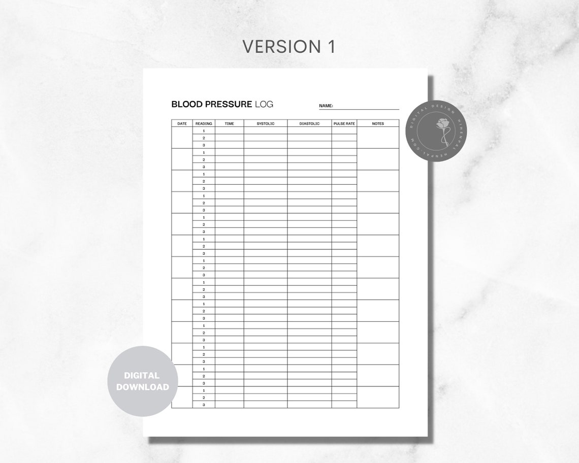 Blood Pressure Log Printable Template for Blood Pressure Tracker Daily ...