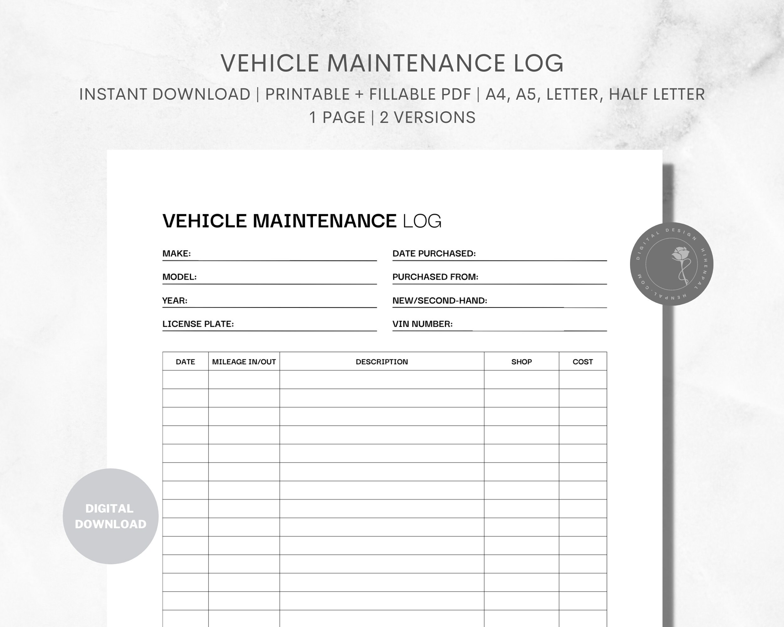 Vehicle Maintenance Log Printable Template For Vehicle Service Tracker
