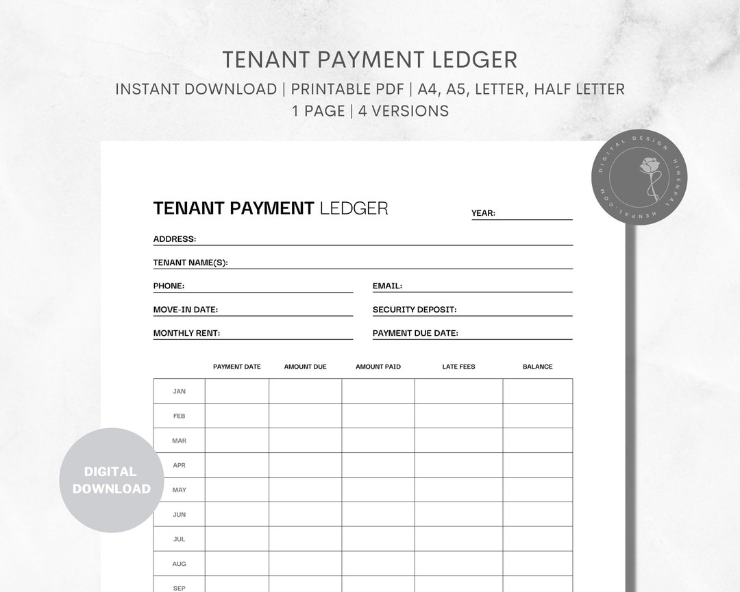Tenant Payment Ledger Printable Template for Rent Payment Tracker Monthly Rent Payment Landlord ...