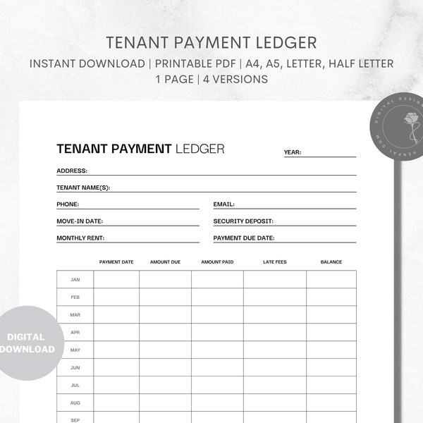 Tenant Payment Ledger Printable Template for Rent Payment Tracker Monthly Rent Payment Landlord Payment Ledger Rent Payment Log