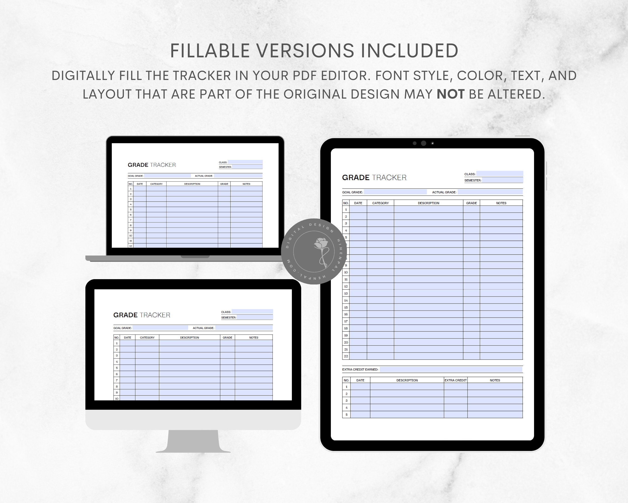 Grade Tracker Printable Fillable PDF Assignment Log School Organizer ...