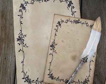 Elegant Flowery Journal Writing Pages - Coffee Stained, Decorative Border Blank, Vintage Aesthetic, A4 or A5 , Letter Supplies, Stationery