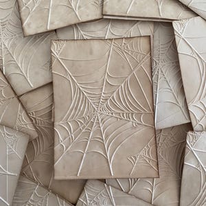 May include: A collection of beige square cards featuring a raised white spiderweb design. The cards are arranged in a scattered pattern, with the central card in focus. The spiderweb design is detailed and prominent.