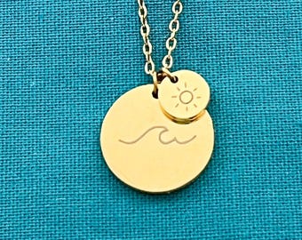 Wave and Sun Engraved Necklace, Dainty Nature Inspired Gift For Her, Perfect Ocean or Beach Inspired Gift for the Nature Lover