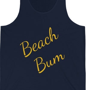 May include: A navy blue tank top with the text "Beach Bum" in yellow.