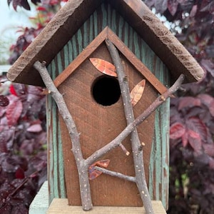 Hand Painted Birdhouse, Rustic Weathered Wood, Backyard Decor afbeelding 1