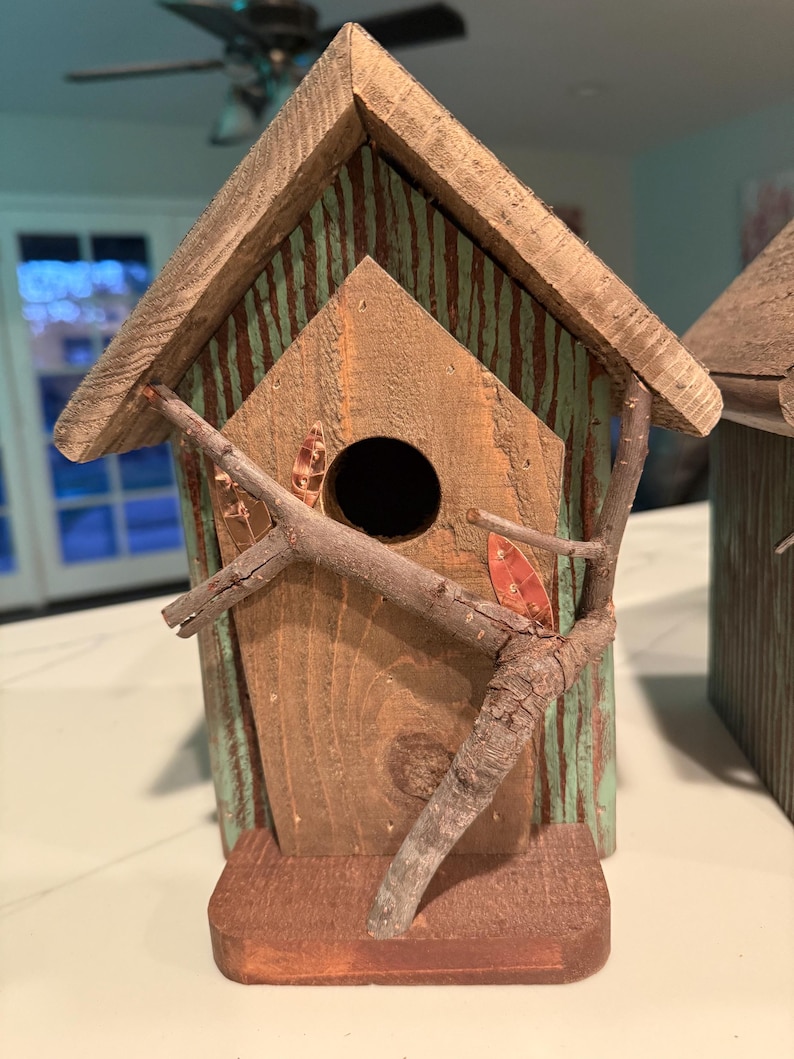 Hand Painted Birdhouse, Rustic Weathered Wood, Backyard Decor afbeelding 7