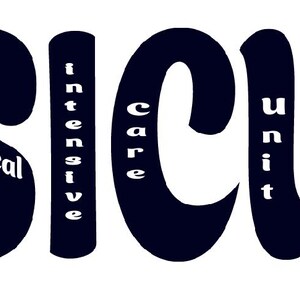 May include: Dark blue graphic with the text "SICU" in large, stylized letters. The word "Surgical" is arched above the "S", and "Intensive Care Unit" is spelled out vertically between the letters.