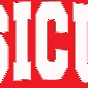 May include: The letters SICU are displayed in a bold, white, collegiate-style font with a thin white outline. The text is set against a solid, vibrant red background, creating a high-contrast graphic design that is clear and easy to read.