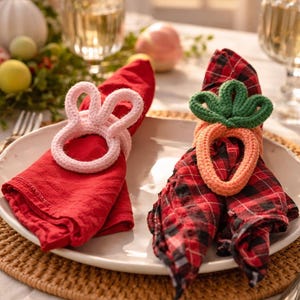 Peut inclure: Deux ronds de serviette sur le thème de Pâques sur une table. L'un est un lapin rose au crochet, l'autre une carotte au crochet avec des feuilles vertes. Les serviettes sont rouges et à carreaux. Assiettes, verres et fleurs.