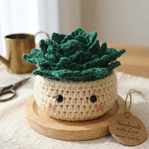 May include: A handmade crochet succulent plant in a cream-colored pot with a smiling face and rosy cheeks. The green succulent sits on a wooden base. A tag reads "Handmade with Love, Maine's Craft TX."