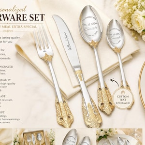 Juego de vajilla de boda personalizada, cubiertos personalizados para novios, juego de tenedor y cuchara de boda grabado, regalo para el Sr. y la Sra.