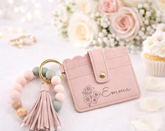 Personalized Birth Flower Wallet with Beaded Bracelet Custom Name PU Leather Wallet for Bridesmaid, Birthday, Mother’s Day, Wedding Gift
