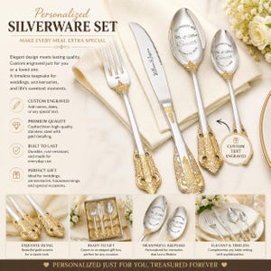 May include: A personalized silverware set with gold detailing. The set includes a fork, knife, and two spoons, all engraved with custom text. The image also shows a gift box and close-ups of the silverware.