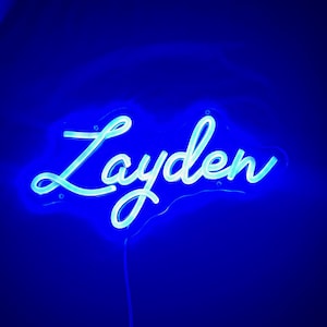 May include: A blue neon sign displaying the name "Layden" in a cursive font. The sign emits a bright, cool blue light against a dark blue background. The neon tubing is visible, creating a glowing effect.