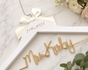 Cabide para vestido de noiva com laço e nome, texto personalizável, presente para casamentos