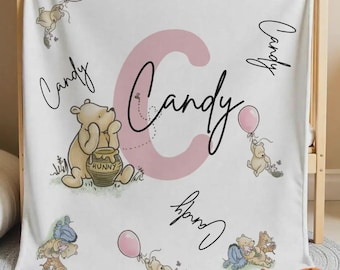 Personalized Winnie Bear Blanket, Custom Baby Name Throw, Pooh Bear Nursery Blanket, Baby Shower Gift, Toddler Flannel Blanket