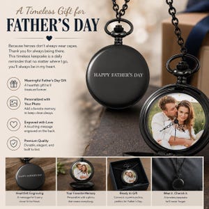 May include: Black pocket watch pendant with a chain, featuring the text "HAPPY FATHER'S DAY" and a photo of a couple. The watch is presented as a Father's Day gift, with additional text about personalization and engraving.