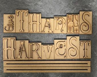 Double Sided Give Thanks/ Harvest Word Block, Fall Decor, DIY, Thanksgiving