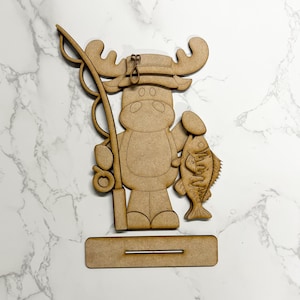 Moose Standing Fishing Shelf Sitter | Rustic Wildlife Decor | Fishing Cabin Shelf Decor | Handcrafted Moose Figurine
