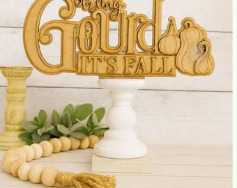 Oh My Gourd Shelf Sitter – Funny Fall Tiered Tray Sign, Rustic Pumpkin Decor, Autumn Gourd Display, Wood Tabletop Decoration
