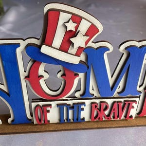 Home of the Brave Shelf Sitter | Patriotic Tiered Tray Decor | 4th of July Wood Block Sign | Americana Farmhouse Shelf Decor | USA Sign