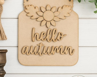 Autumn Jar Hanging Sign | Rustic Fall Mason Jar Wall Decor | Farmhouse Harvest Hanging Decor | Primitive Autumn Front Door or Kitchen Sign