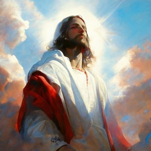 May include: A painting of a man with long brown hair and a beard, wearing a white robe with a red sash. He is standing in front of a bright, cloudy sky.