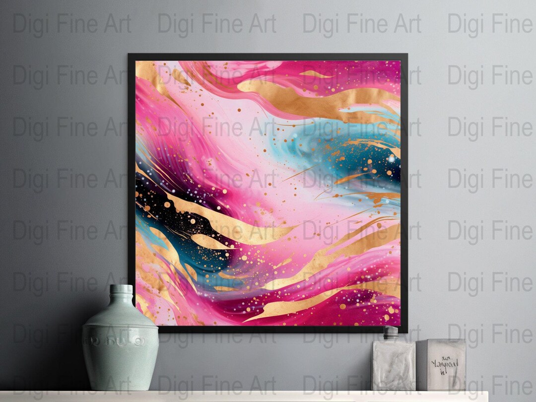 Pink Gold and Blues, Abstract Painting, Printable Art, Pink Abstract