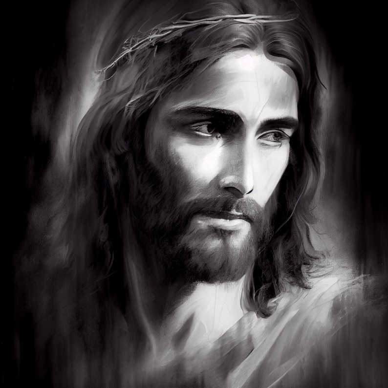 May include: Monochrome portrait of a man with long hair, a beard, and a crown of thorns. The image is a close-up, focusing on the man's face, with a soft, artistic style and a dark background.
