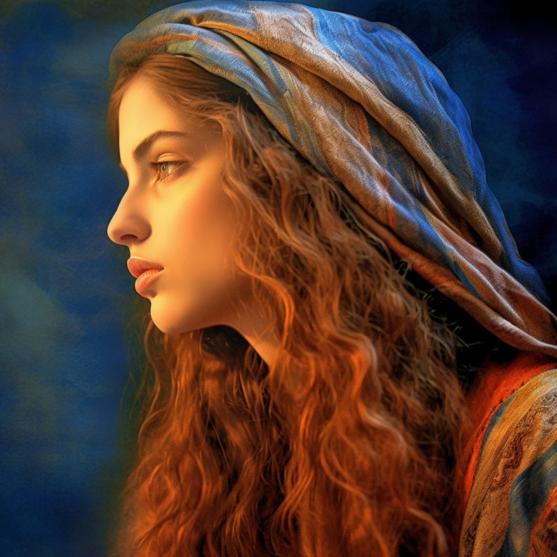 May include: A woman with long, curly red hair wears a blue and gold patterned headscarf. The scarf is tied around her head and falls down her back. She is looking to the side with a serious expression.