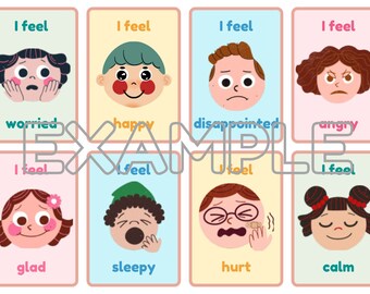 May include: Eight colorful cards with illustrations of faces expressing different emotions. Each card has the text "I feel" and the name of the emotion: worried, happy, disappointed, angry, glad, sleepy, hurt, calm.
