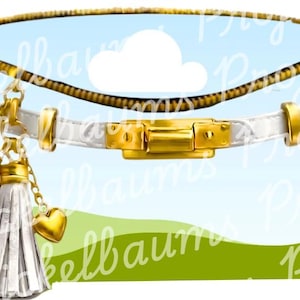 May include: A white belt with gold-colored accents and a gold clasp. The belt features a gold-colored chain and a silver tassel with gold heart charms. A thin, gold-colored chain is above the belt.