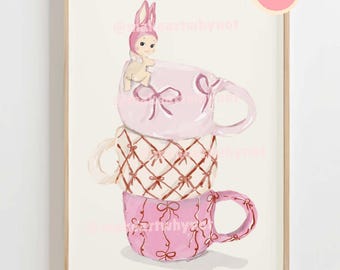 Printable Sonny Angel Poster Art Pink DIGITAL | Cherub Bunny Aesthetic Cute Girlie Girl Coffee Matcha Station Cup Mug Ceramic Bow Ribbon