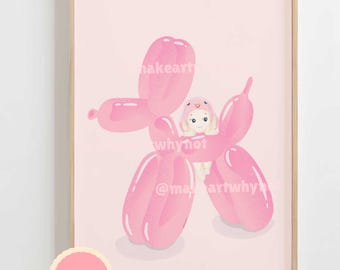Printable Sonny Angel Poster Art Pink DIGITAL | Cherub Bunny Aesthetic Cute Personal Girlie Girl Sausage Dog Dachshund Riding Balloon Fun