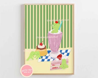 Cafe Smiski Illustrated Poster - Japan Food Sweet Cake Milkshake Dessert Pink Kawaii Sunday Series Yoga Cheer Green Cute Matcha Kawaii