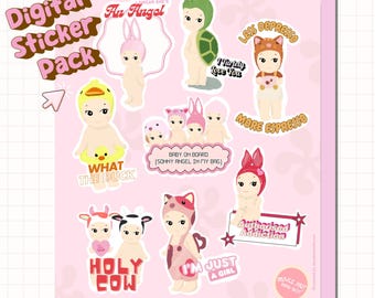 Sonny Angel Inspired Illustration DIGITAL Stickers Pack Goodnotes Ipad Diary Printable Bunny Rabbit Kawaii Unique Japan Fun Pink Girl Cat
