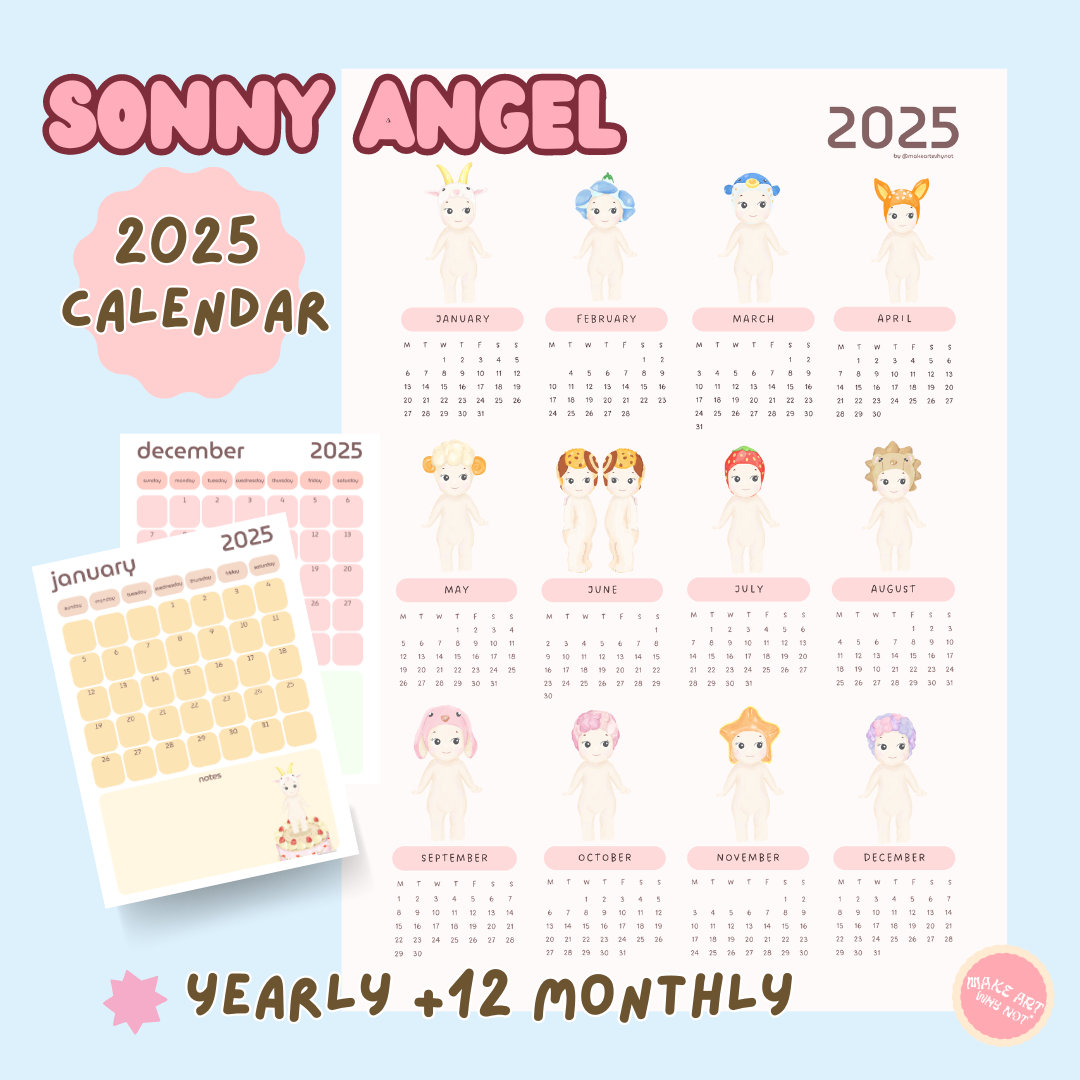 Sonny Angel 2025 Twelve Month Calendar Bundle Cute Printable Fillable