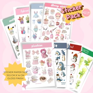 May include: A set of 8 sticker sheets featuring cute illustrations of animals, food, and other kawaii designs. The sticker sheets are printed on glossy paper and measure 10.5 cm by 14 cm. The sticker pack includes the text "Berry sticker pack" and "Table Art Shop".