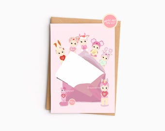 Sonny Angel Greeting Card DIGITAL | Hand-Drawn Birthday Cake Illustration | Template DIY Kawaii Pink Rabbit Bunny | 5x7"